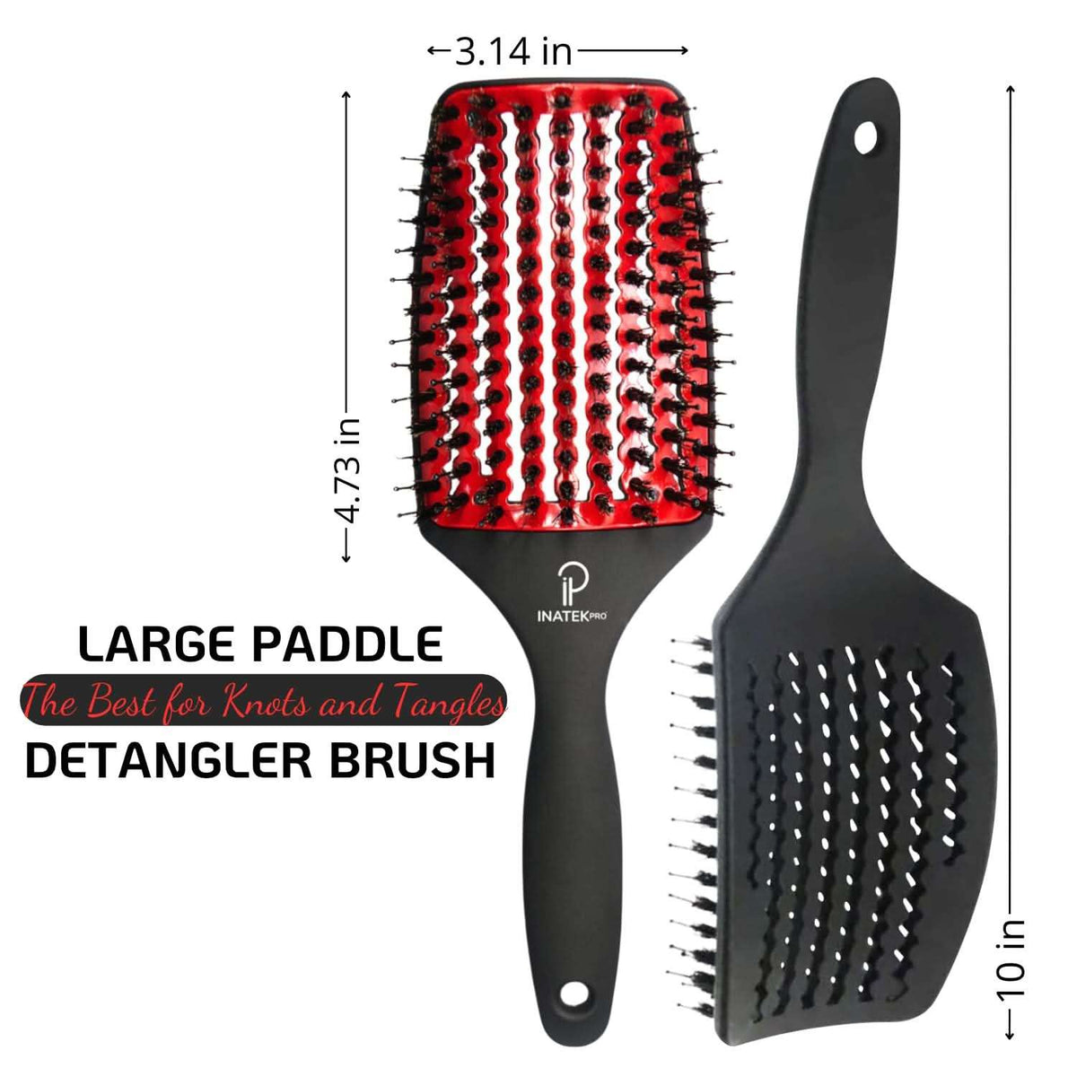 Large curved paddle detangler brush, red bristle pad, black handle and vented base