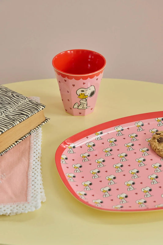 Pink Snoopy melamine cup with red rim and hearts pattern