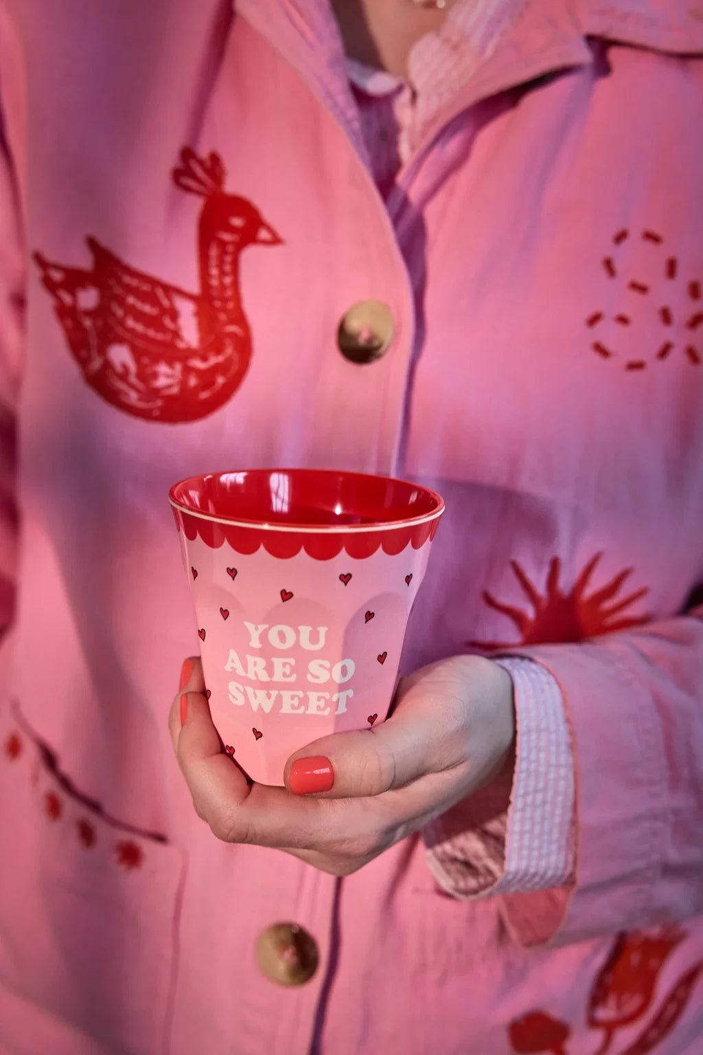 Pink Snoopy melamine cup with red rim, "You are so sweet" message