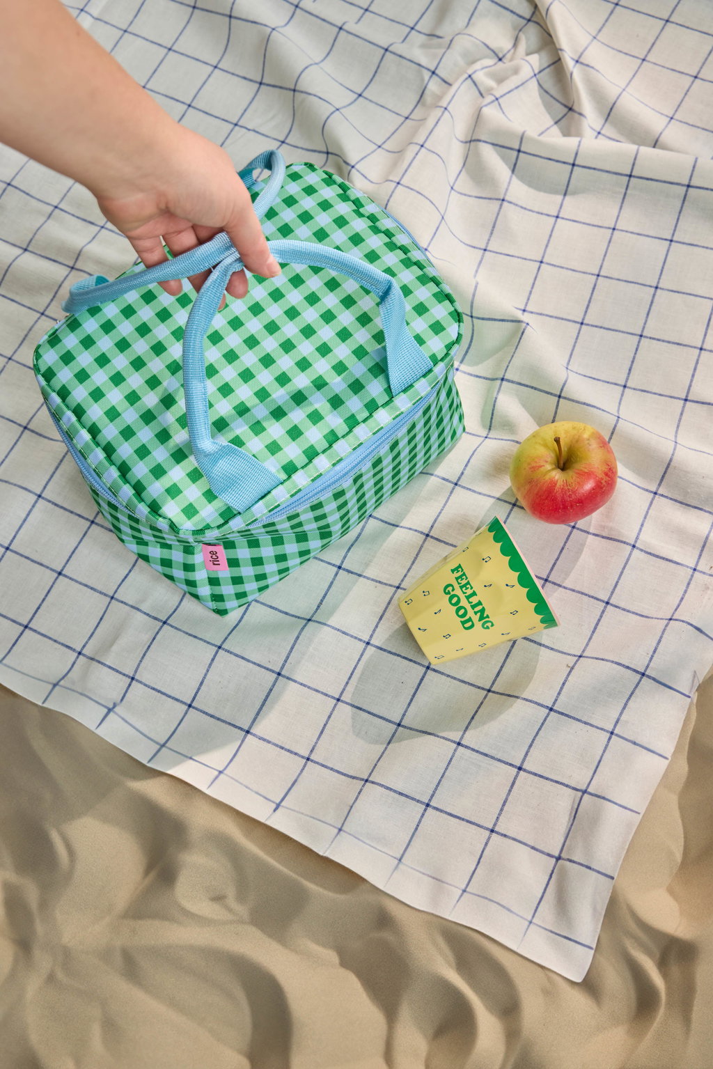 Melamine cup with Snoopy print in green gingham carry case with handle