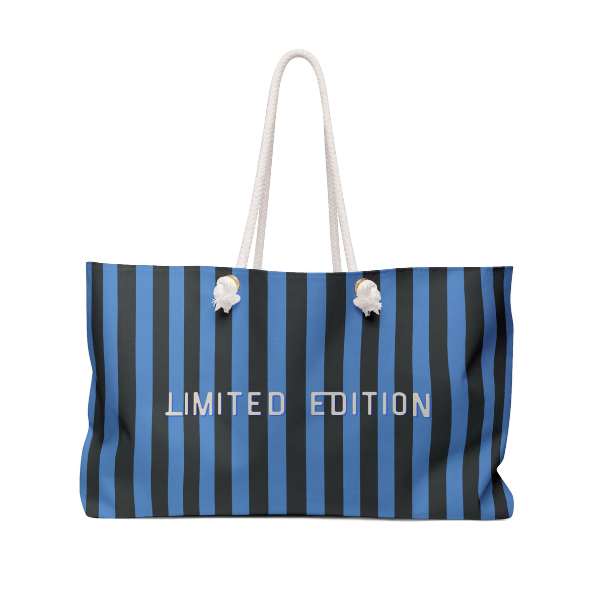 Blue and gray striped weekender bag with white rope handles and flower charms