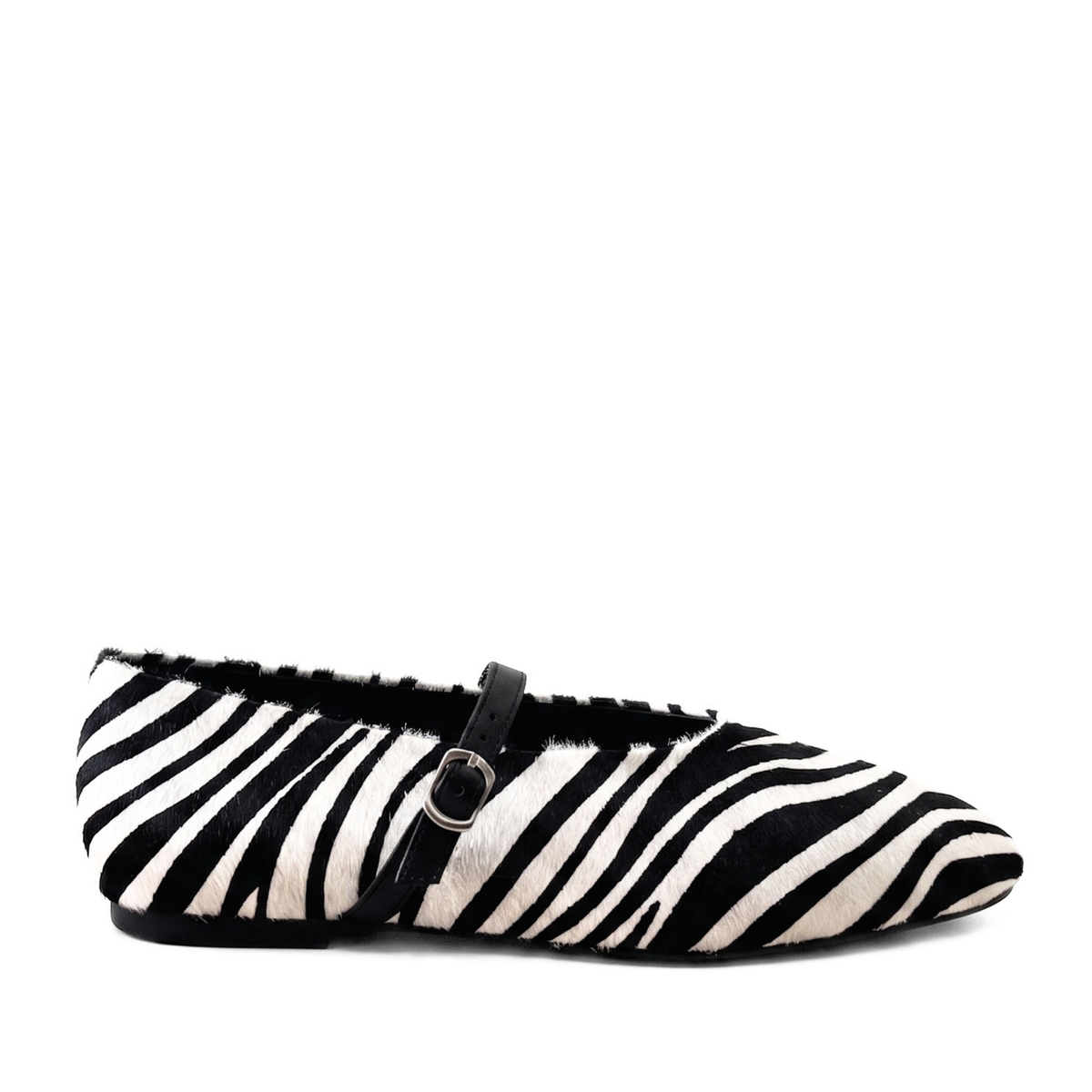 Zebra-print Mary Jane flats with black strap and buckle, rounded toe