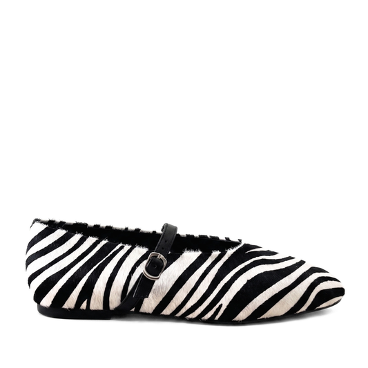 Zebra-print Mary Jane flats with black strap and buckle, rounded toe