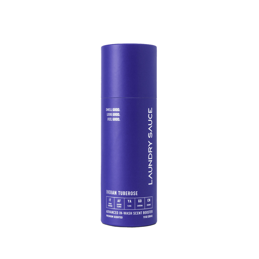 Blue cylinder laundry scent booster with vertical Laundry Sauce label