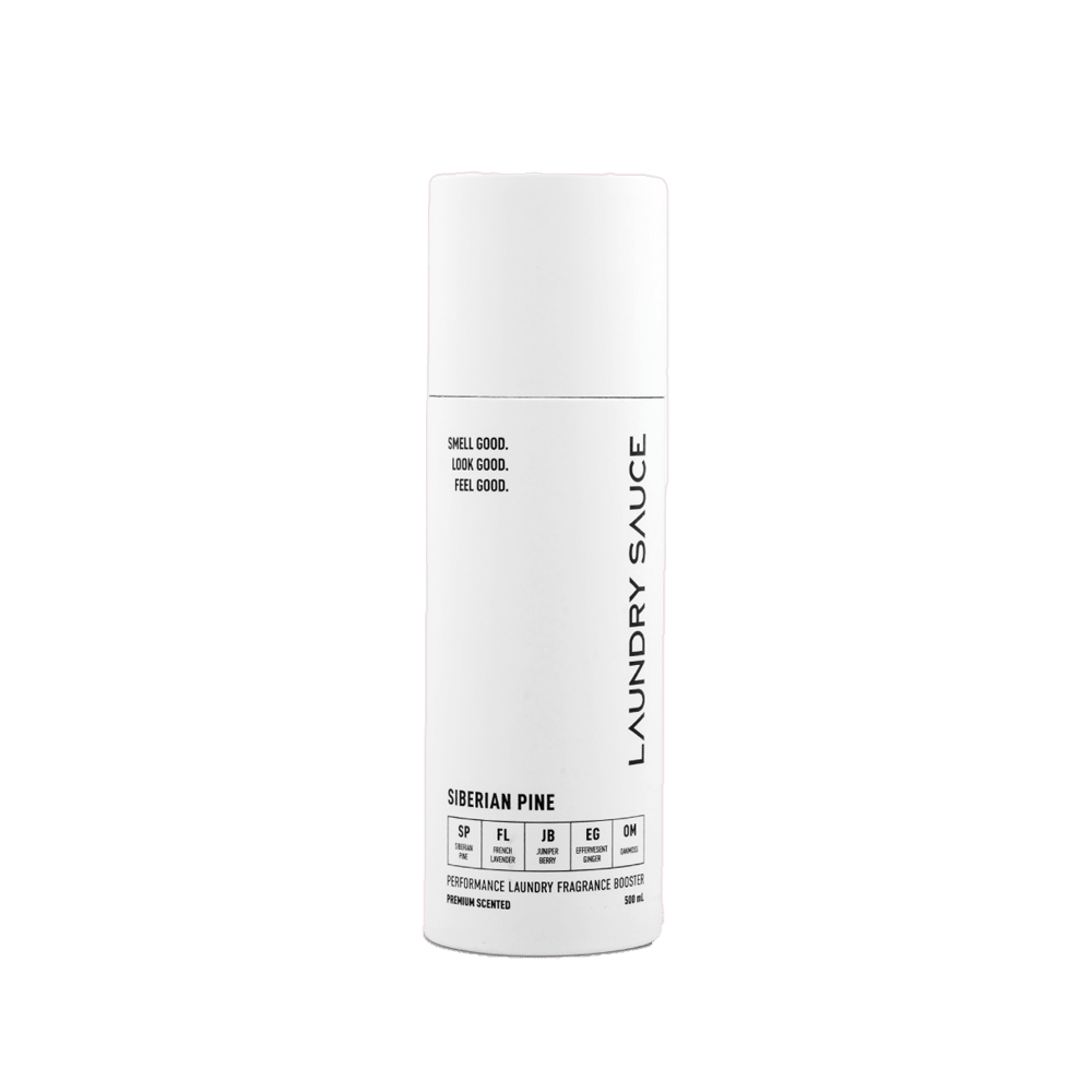 White laundry scent booster canister, Siberian Pine fragrance, vertical LYNDY SAUCE label