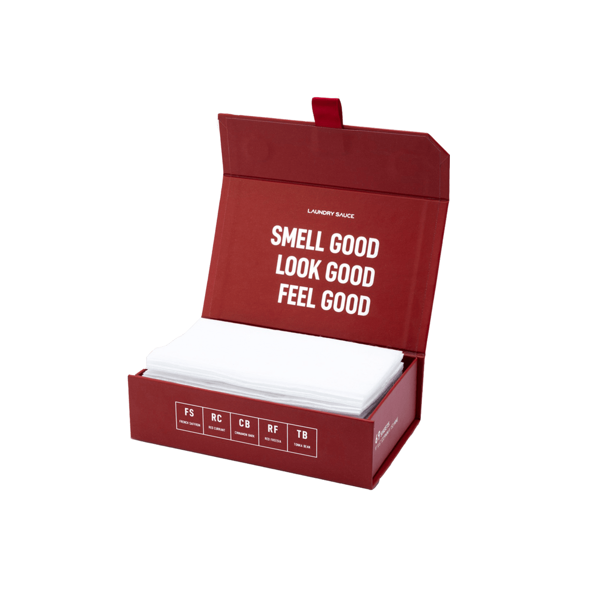 Deep red scented dryer sheet box with lid open, showing folded white sheets inside