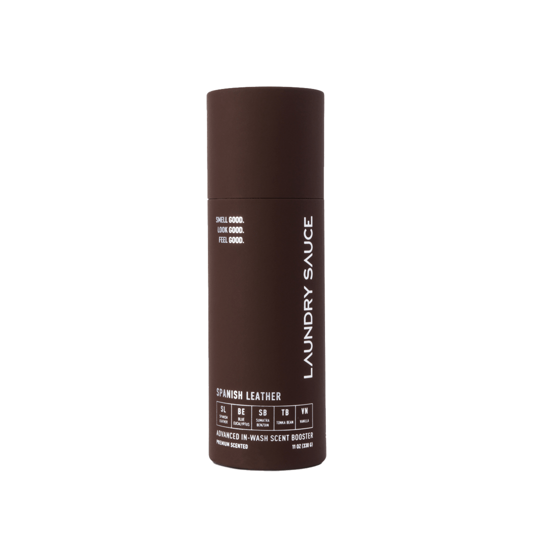 Brown laundry scent booster canister, Spanish Leather fragrance, vertical LYNDY SAUCE label