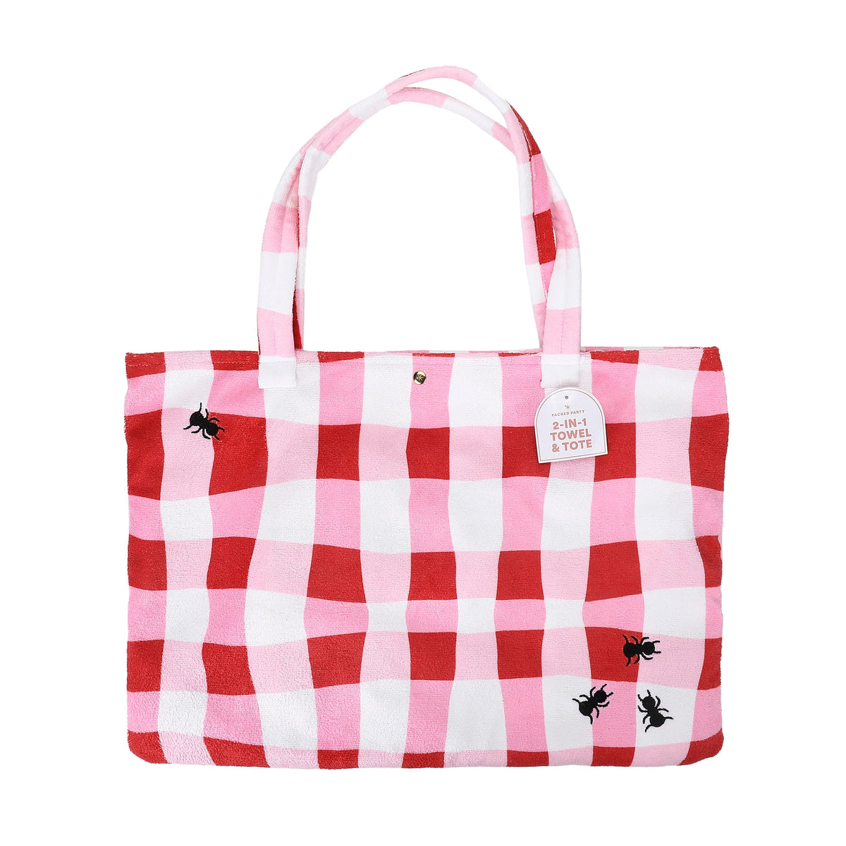 Red and pink gingham towel tote bag with carry handles and small bee patches