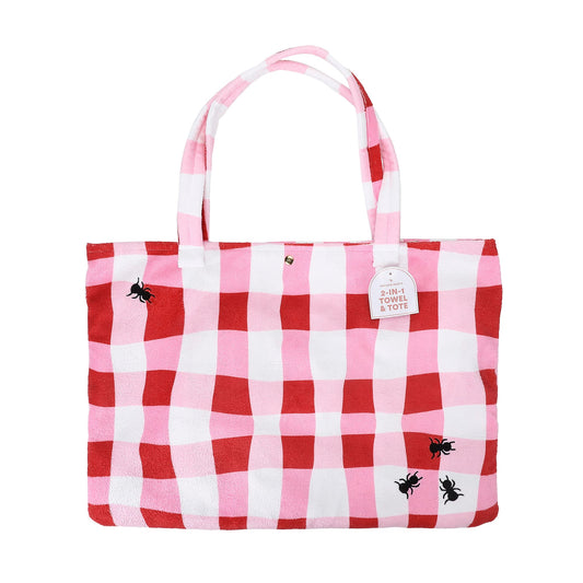 Red and pink gingham towel tote bag with carry handles and small bee patches