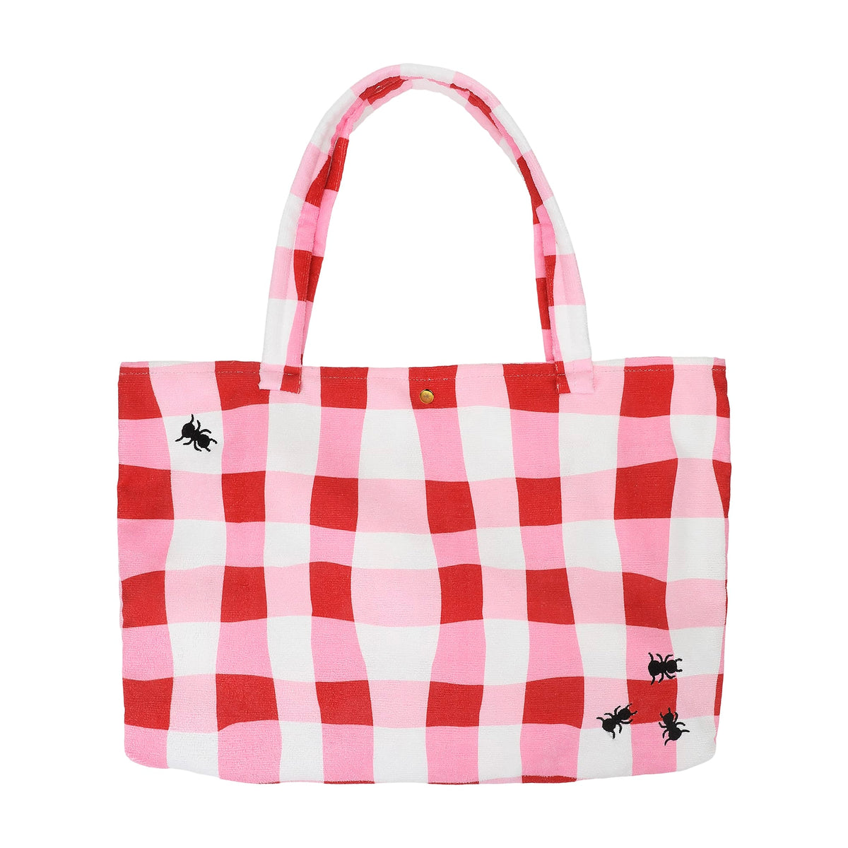 Red and pink gingham towel tote bag with top handles and bee patch details