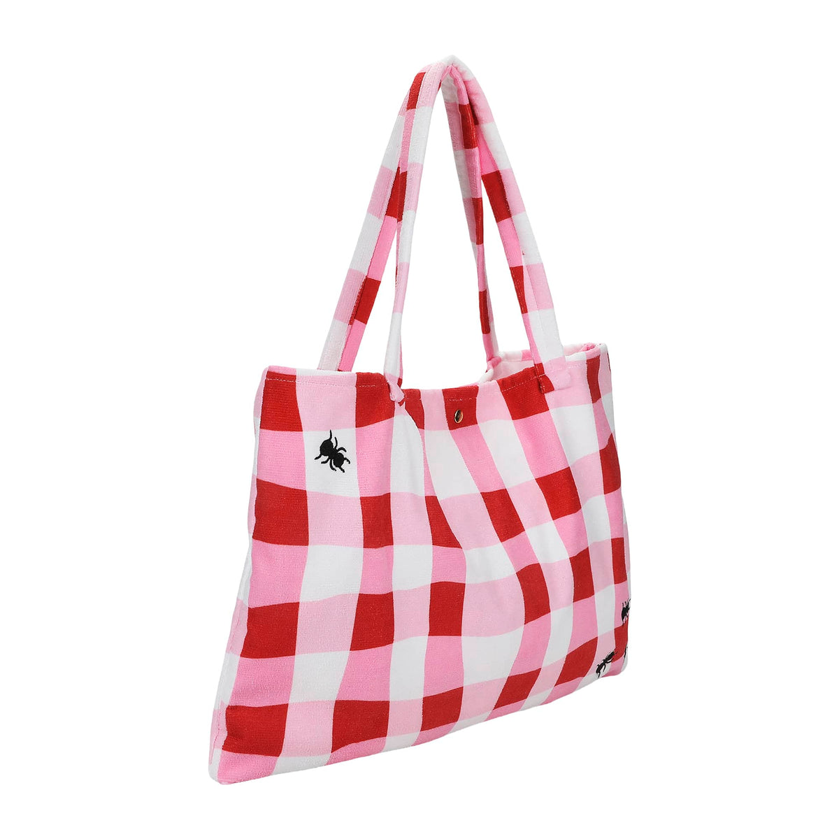 Red and pink gingham towel tote bag with structured shape and top handles
