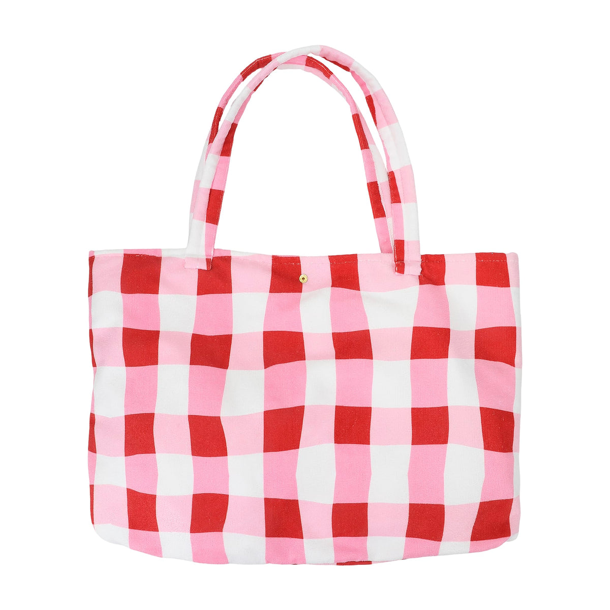Red and pink gingham towel tote bag with wide opening and top handles