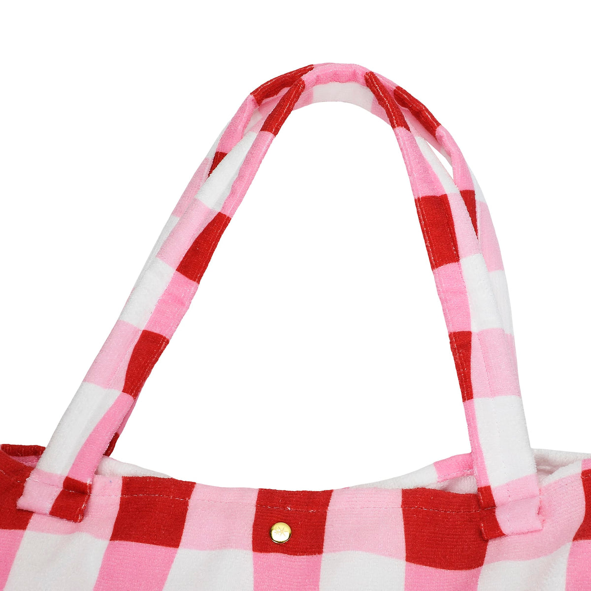 Red and pink gingham tote handles with textured towel fabric and stitching