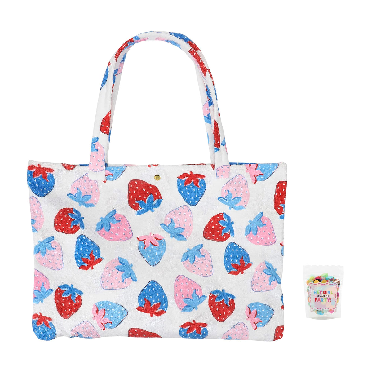 Strawberry-print towel tote bag with top handles, white base and red/blue/pink berry pattern