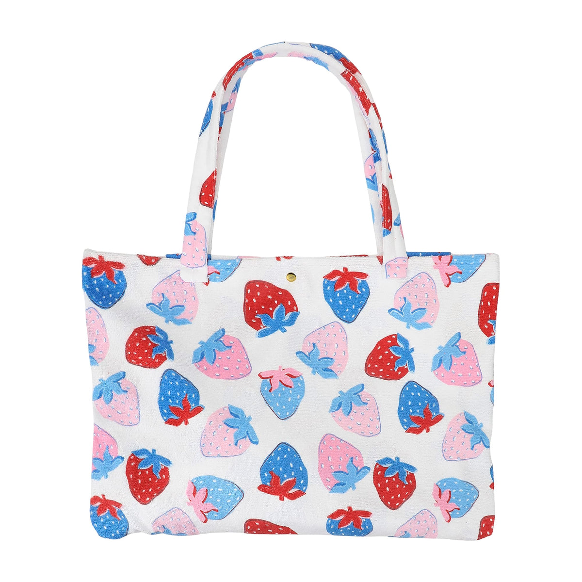 Strawberry-print 2-in-1 towel tote bag with top handles, white fabric and red/blue berries