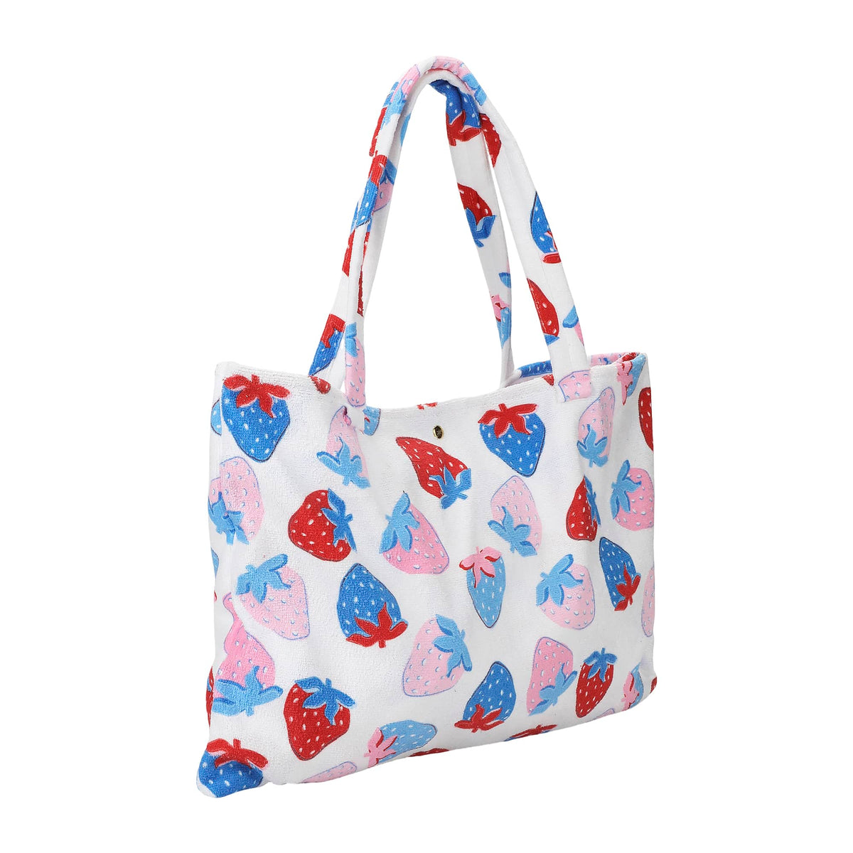 Strawberry-print towel tote bag with sturdy top handles and quilted white fabric