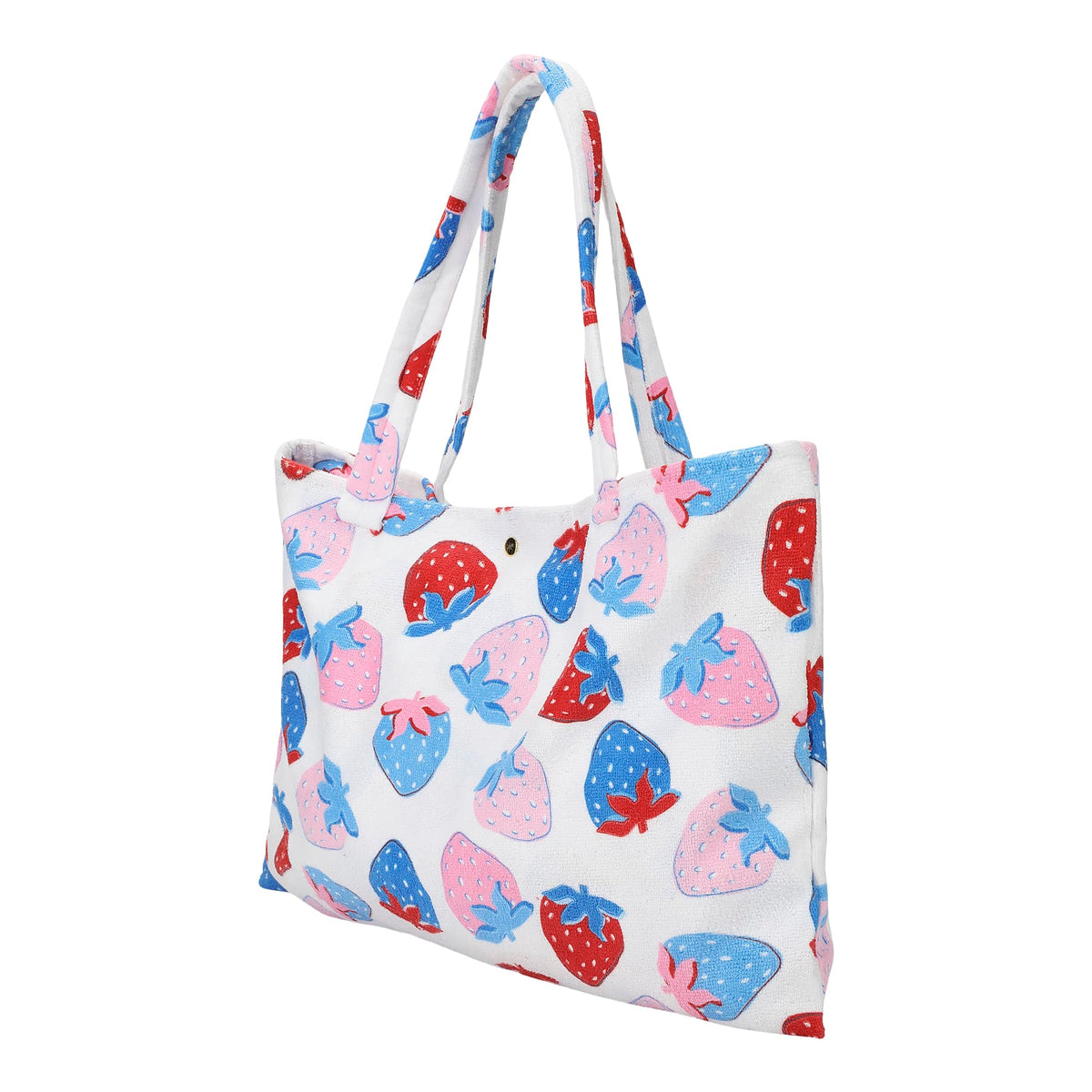 Strawberry-print towel tote bag with top handles, white base and red, blue, and pink berries