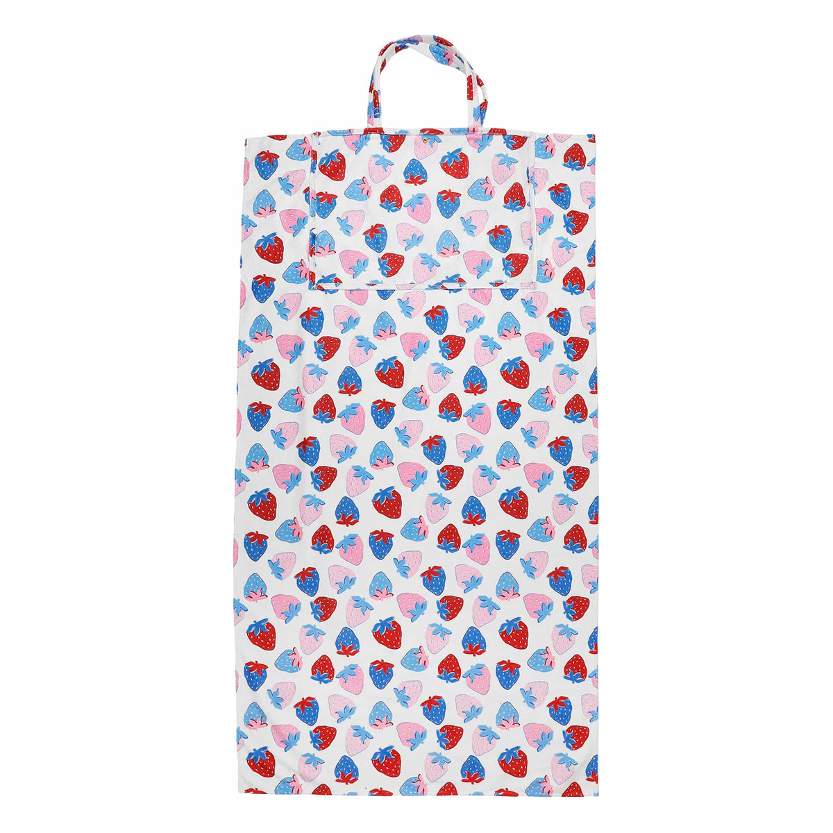 Strawberry towel tote bag with top handle, white front panel covered in red, blue, and pink