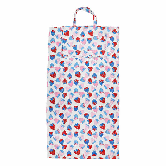 Strawberry towel tote bag with top handle, white front panel covered in red, blue, and pink