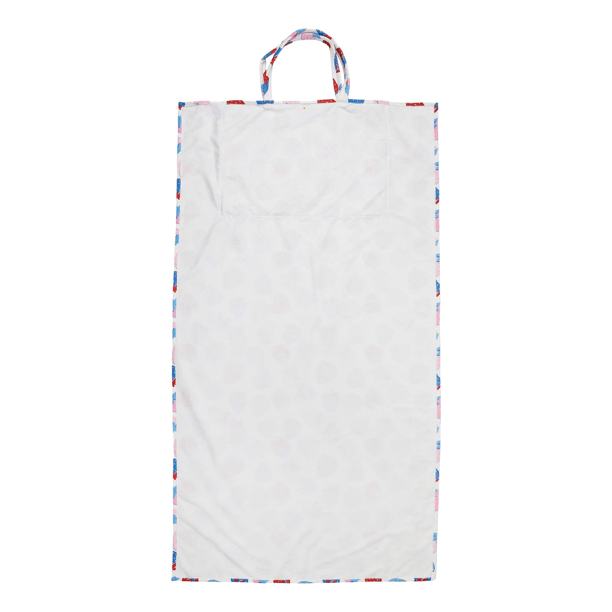 White towel tote bag back with strawberry-print trim around edges and top handle