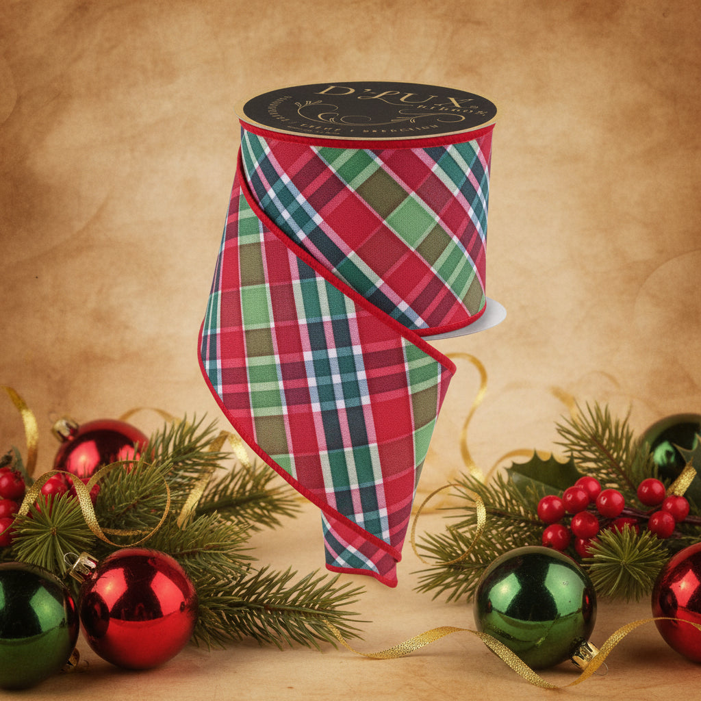 Bold plaid ribbon in red, green, and white with wired edge, loosely draped.