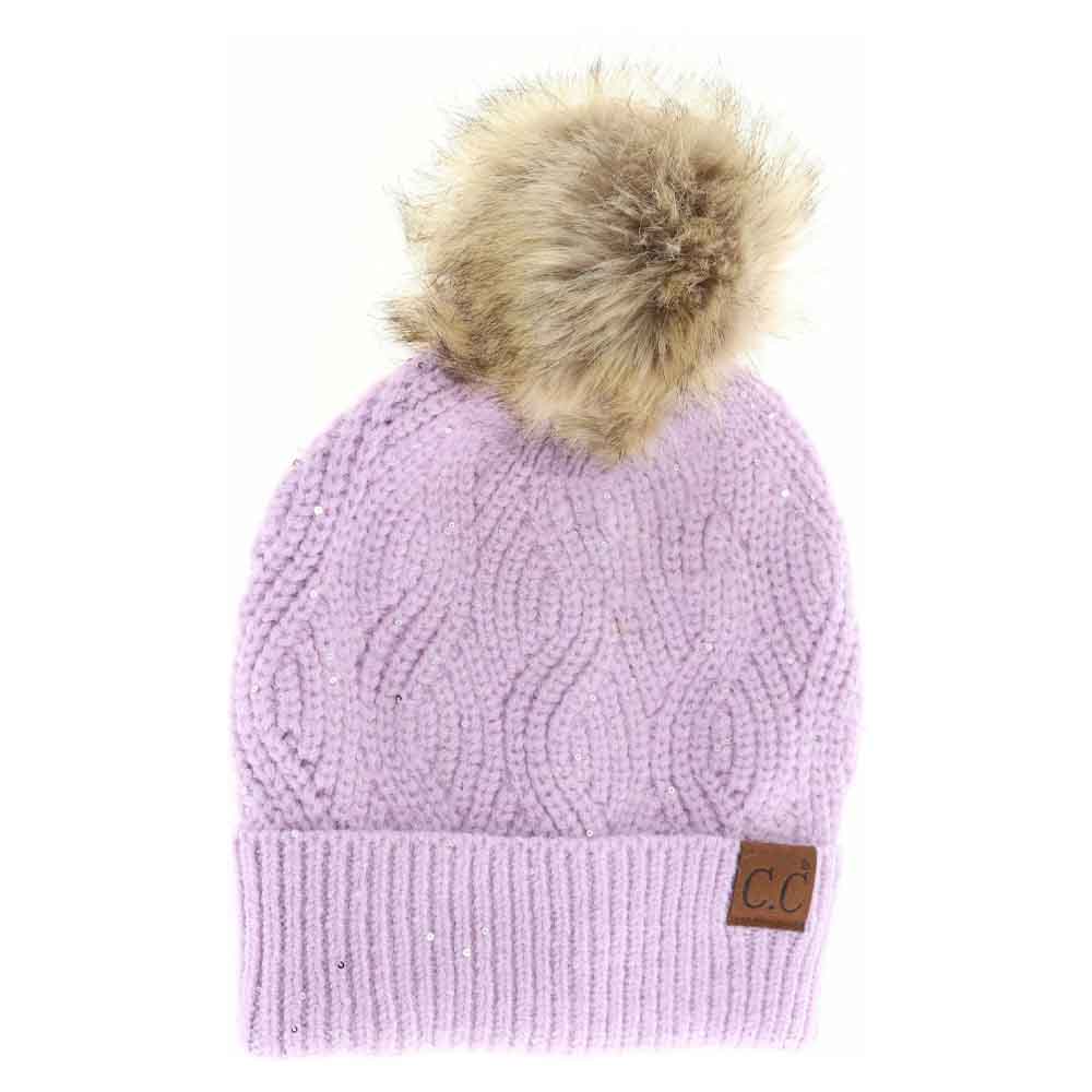 Sequin brioche cable knit beanie, lavender purple with faux fur pom and ribbed cuff patch CC