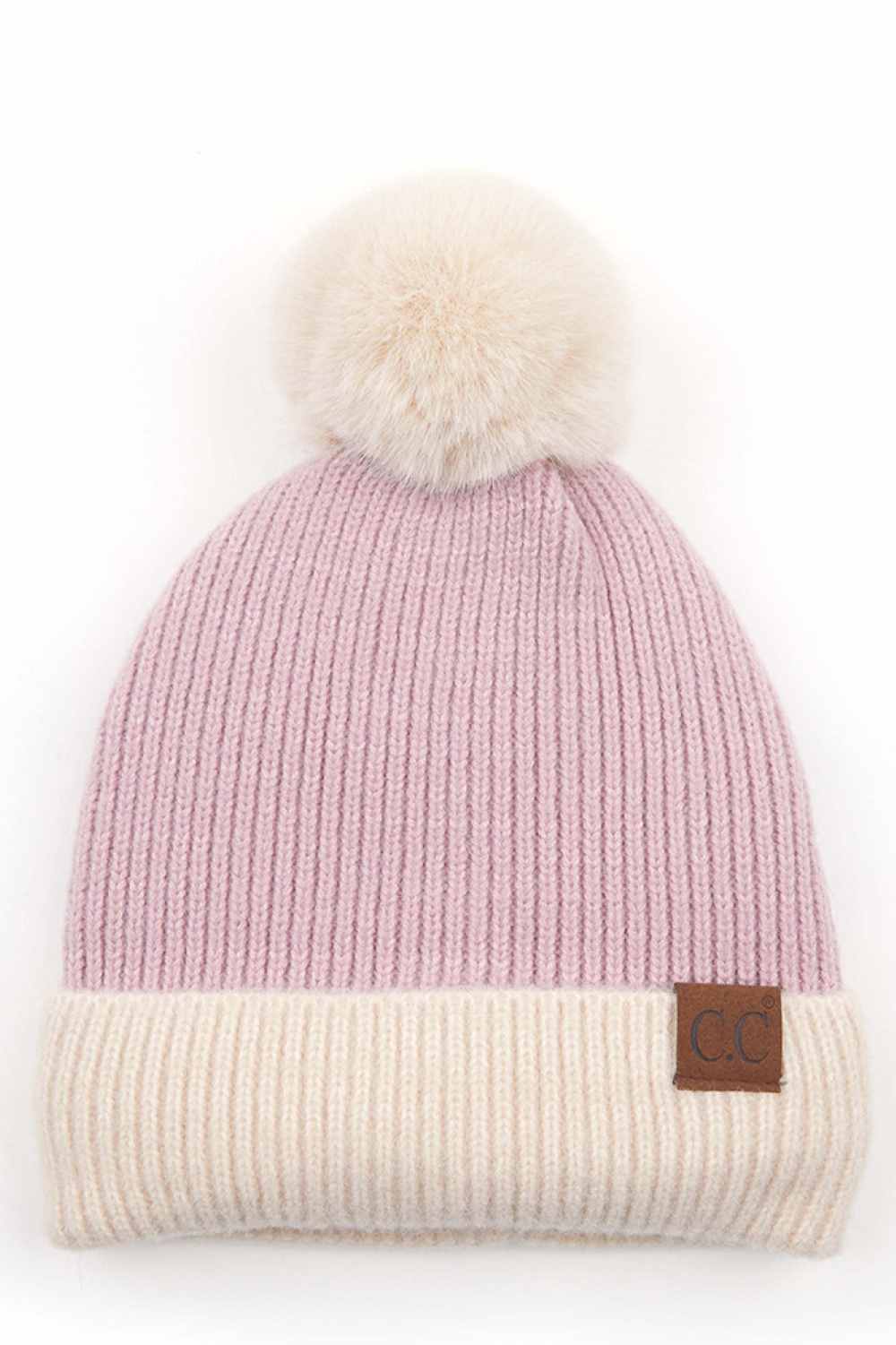 Lavender knit beanie with cream cuff, light pompom, C.C leather patch