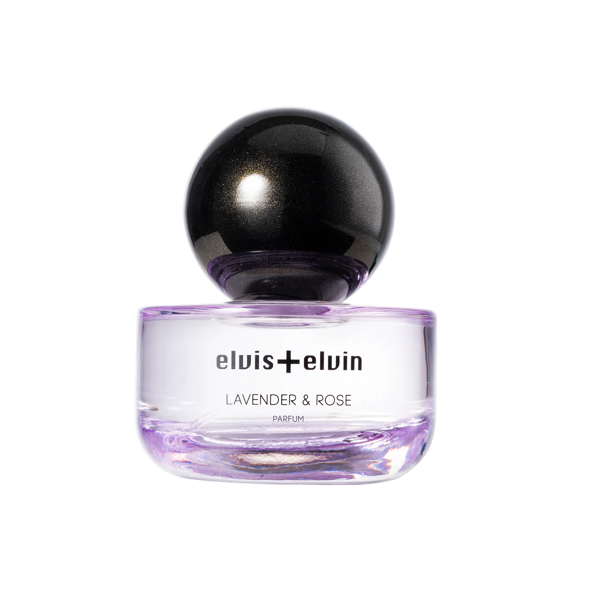 Lavender & Rose perfume bottle with black dome cap and purple glass