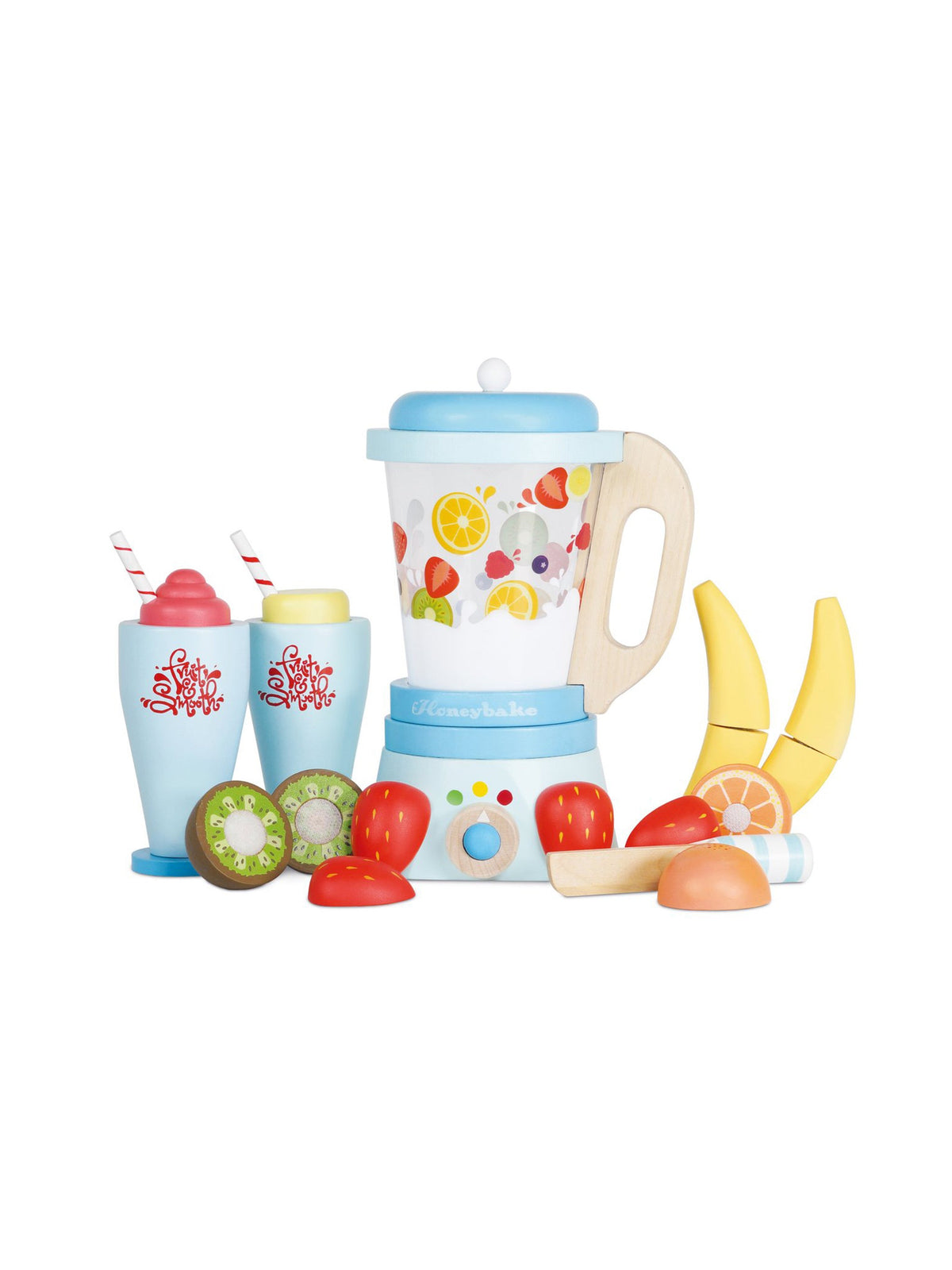 Wooden blender playset with blue pitcher, bananas, fruits, cups