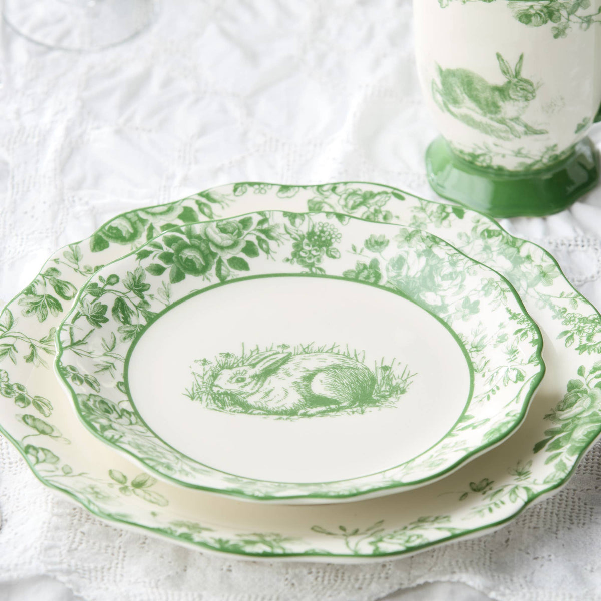 Green-and-white Easter rabbit plate with floral border and scalloped green rim