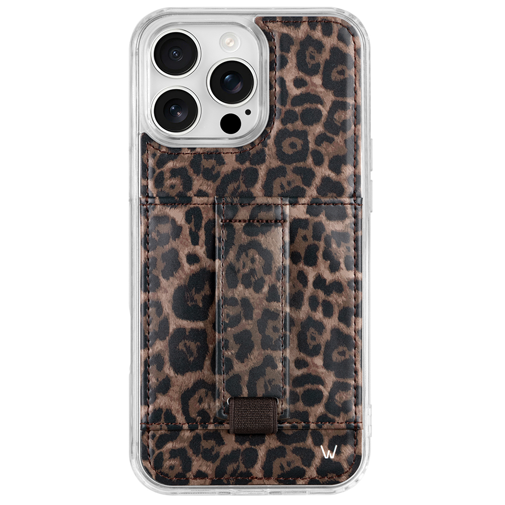 Leopard print phone case with clear protective shell and center buckle strap