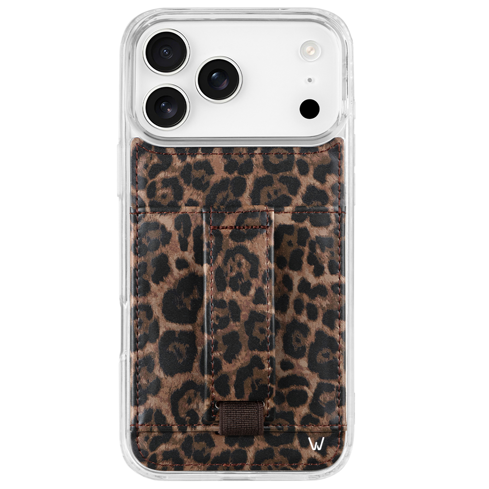 Leopard print phone case with clear bumper and vertical card-slot strap
