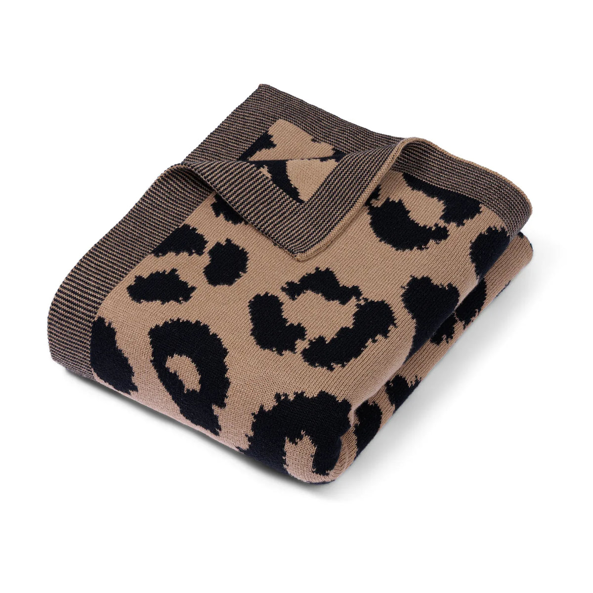 Leopard jacquard knit baby blanket, folded with bold leopard spots and dark edge trim