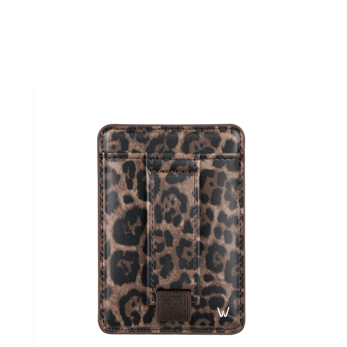 Leopard-pattern magnetic phone card wallet with dark stitched trim and snap closure