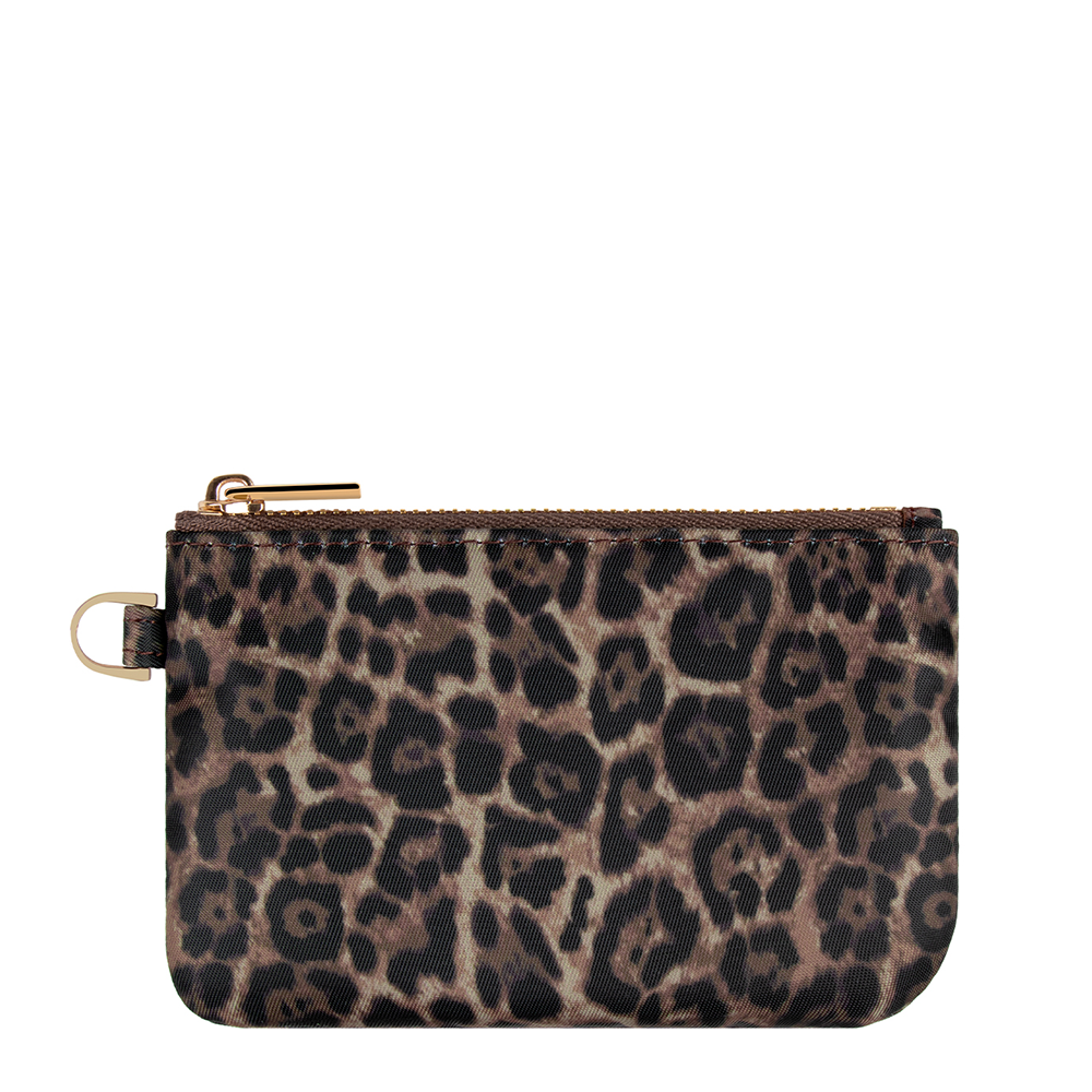 Leopard-print zipper pouch with gold zipper pull and wrist strap