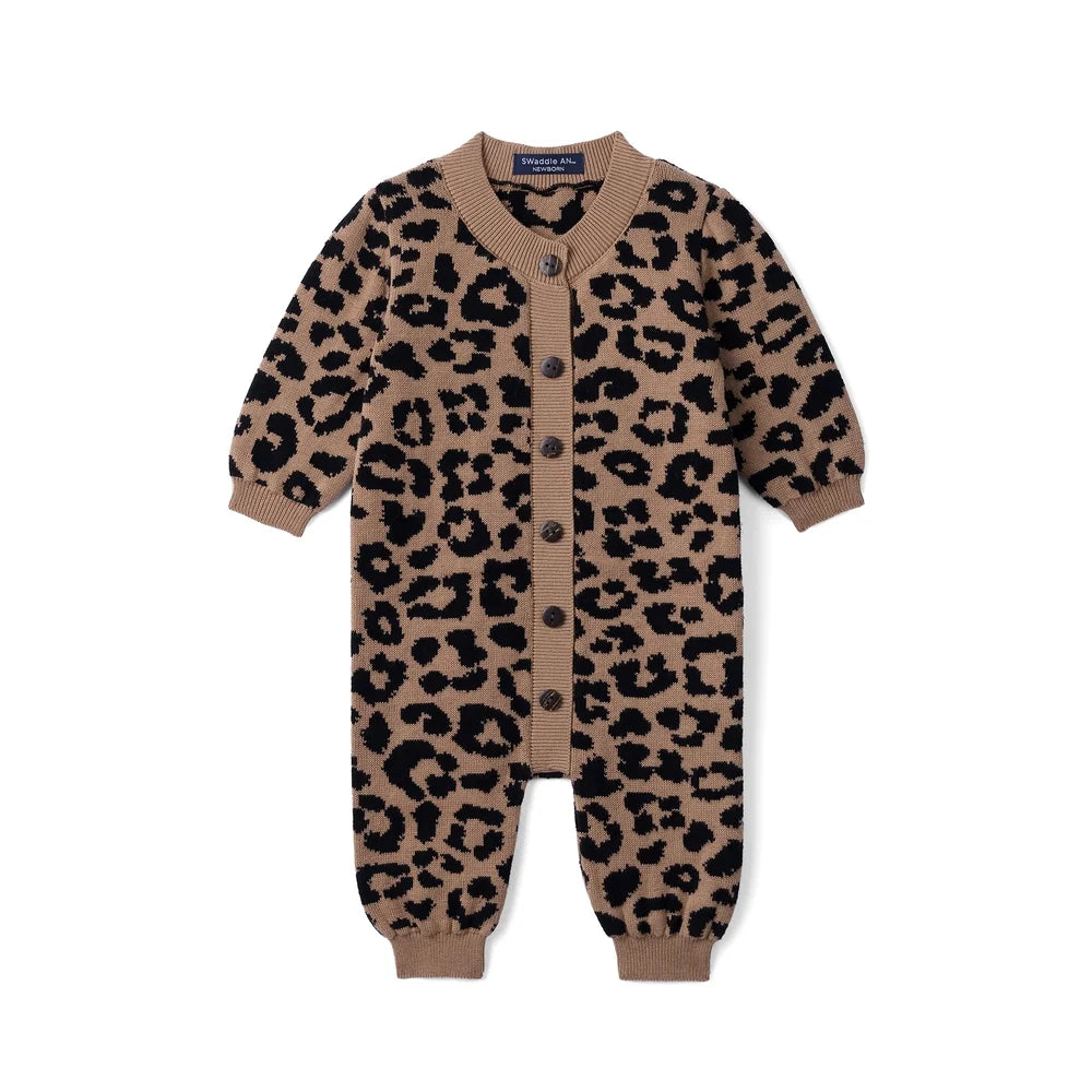 Leopard knit baby romper with front button placket and long sleeves
