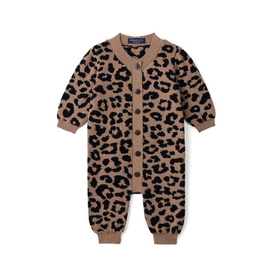Leopard knit baby romper with front button placket and long sleeves