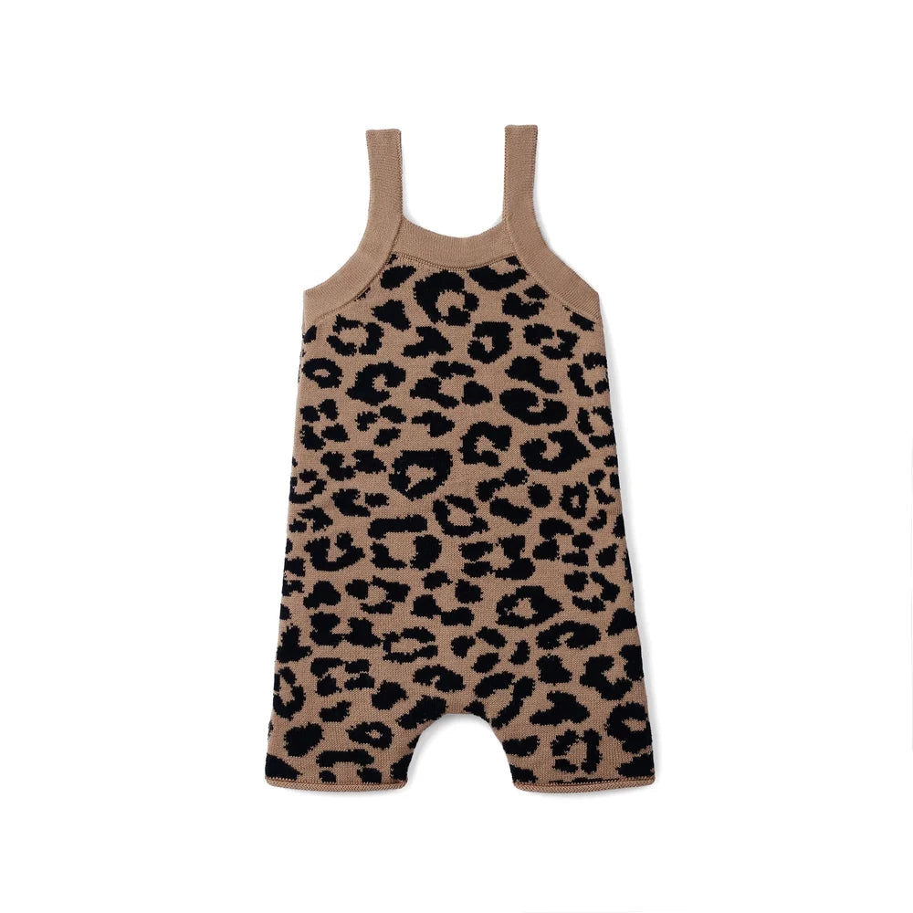 Beige leopard print baby knit playsuit with sleeveless tank and short romper legs