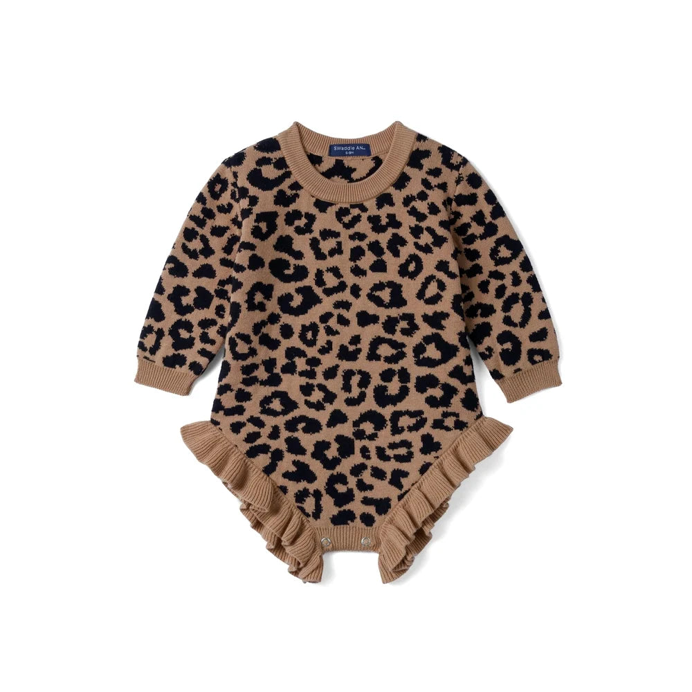 Leopard print knit baby romper, long sleeves with ruffled cuffs, tan and black