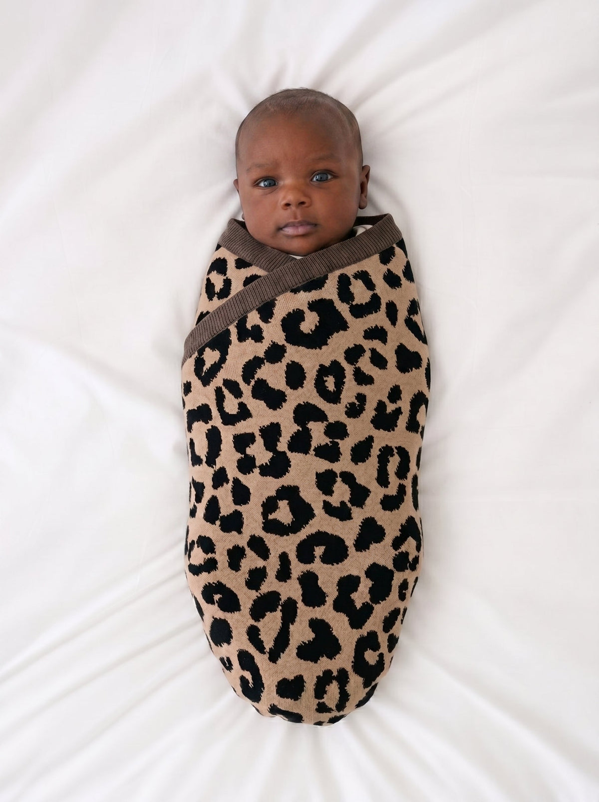 Leopard jacquard knit baby blanket swaddling a baby, with dark spot pattern and trim
