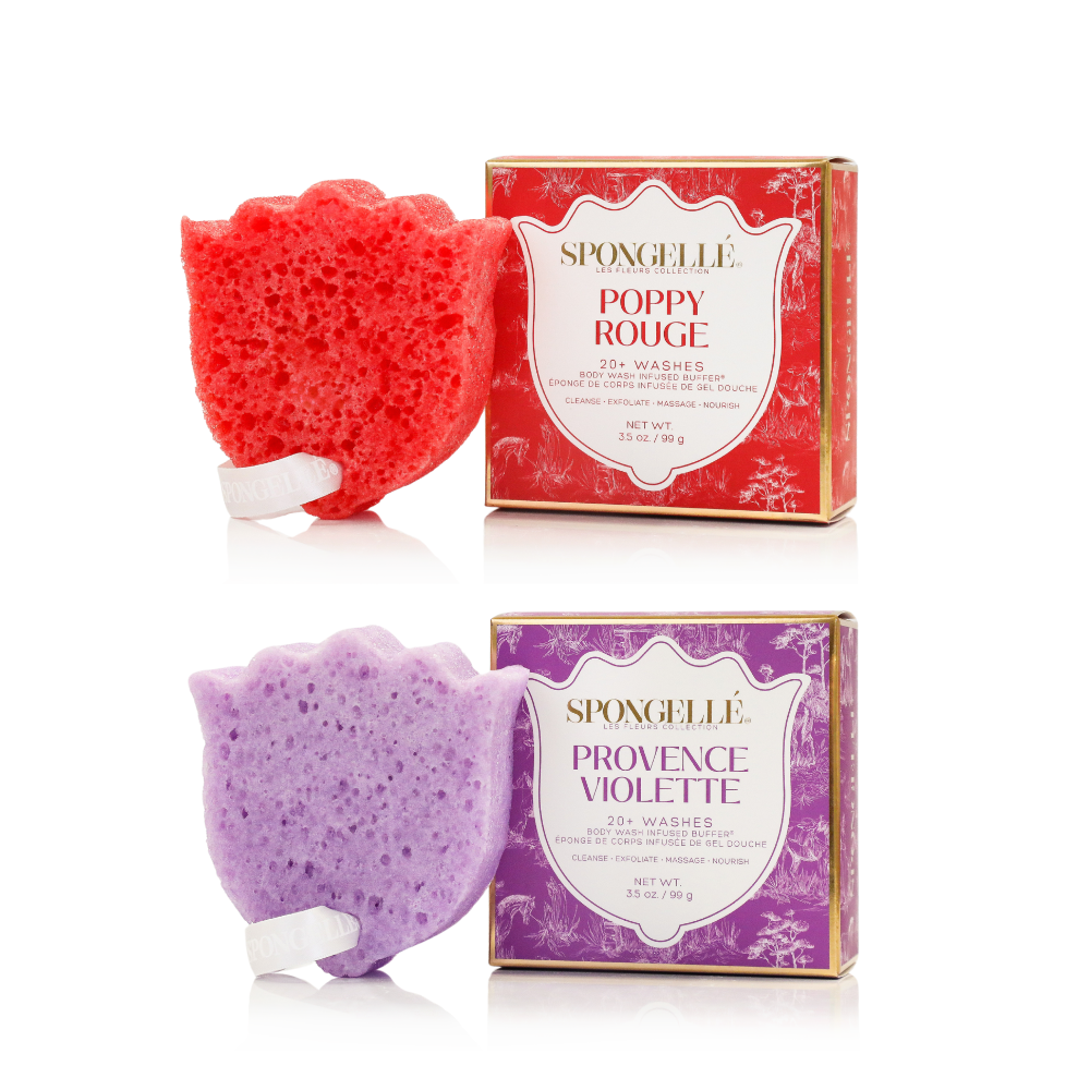 Body buffer set with red and purple sponges and matching wash boxes.