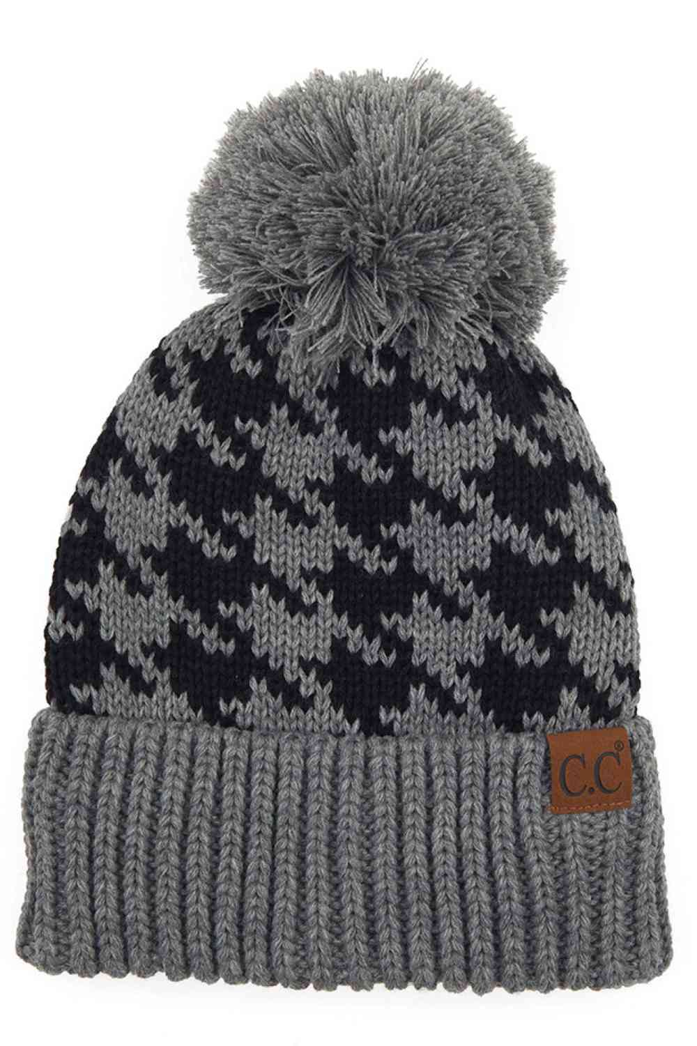 C.C houndstooth knit beanie with pom, dark navy and light grey
