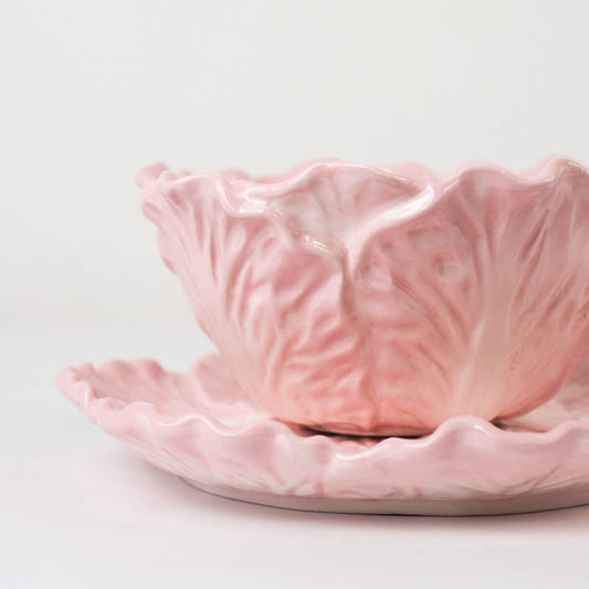 Light pink cabbage-style serving bowl with ruffled leaf texture