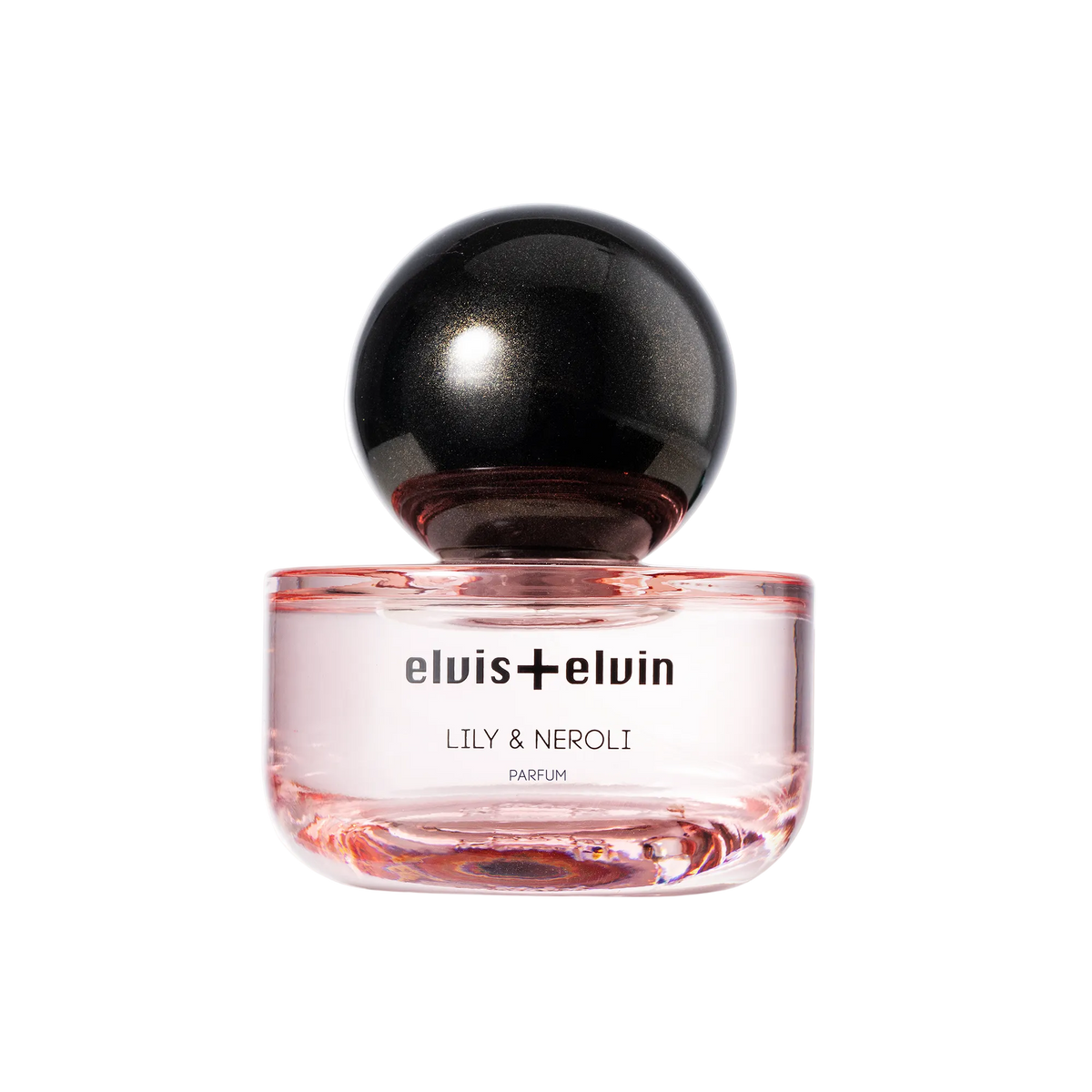 Lily & Neroli perfume bottle with glossy black sphere cap and clear pink glass