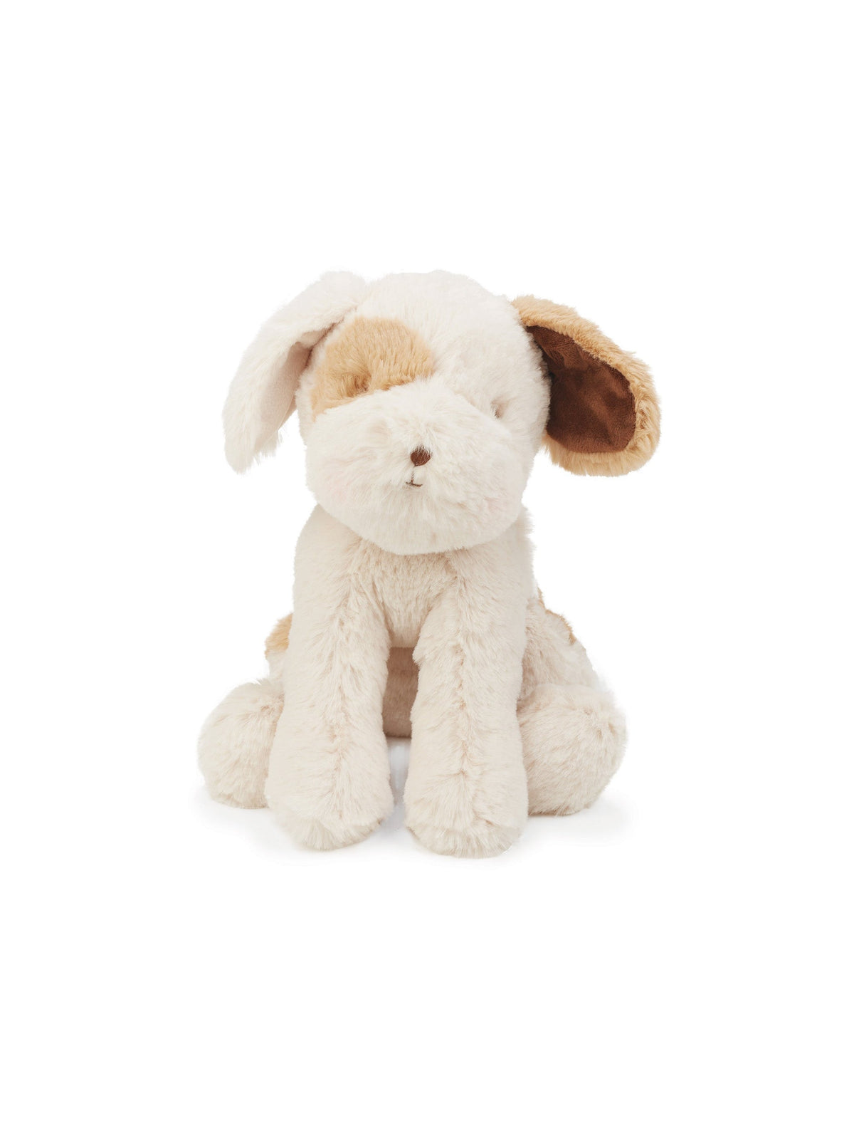 Plush puppy toy with cream fur and brown floppy ears