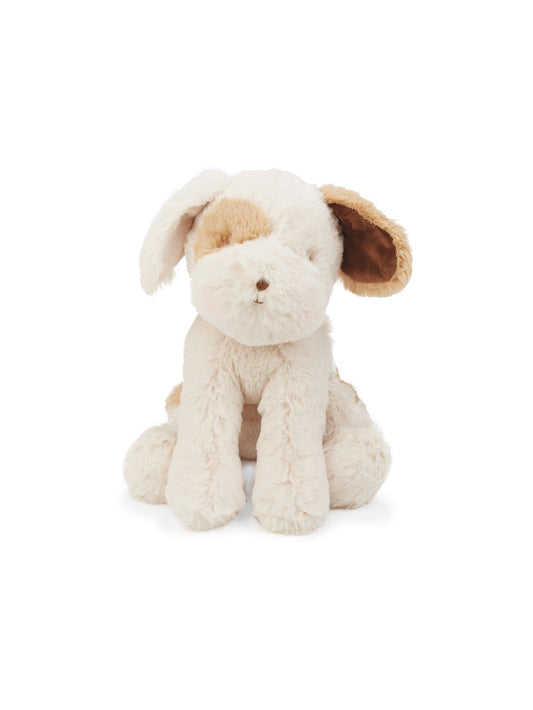 Plush puppy toy with cream fur and brown floppy ears