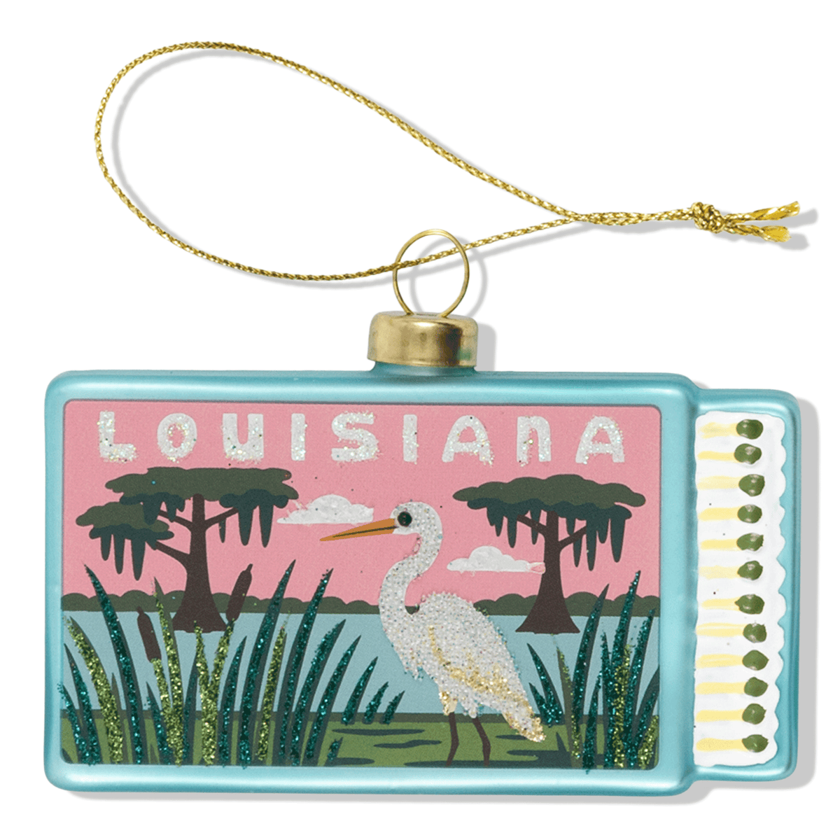 Louisiana matchbook ornament with teal frame, gold top loop, white bird scene and 'LOUISIANA'