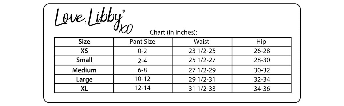 Love Libby XO hipster underwear size chart with waist and hip measurements