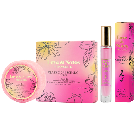Classic Crescendo floral set: pink bottle, boxed set, and Love & Notes packaging