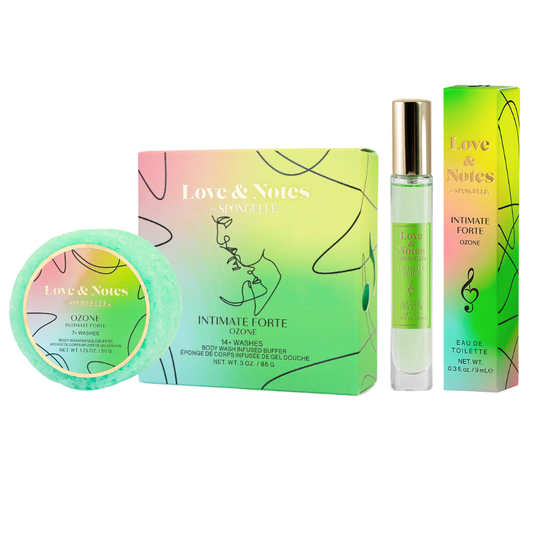 Love & Notes Intimate Forte Ozone trio set: box, spray, and round sponge